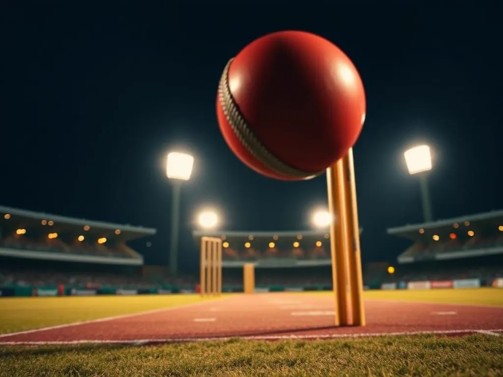 Cricket ball flying past the stumps under floodlights