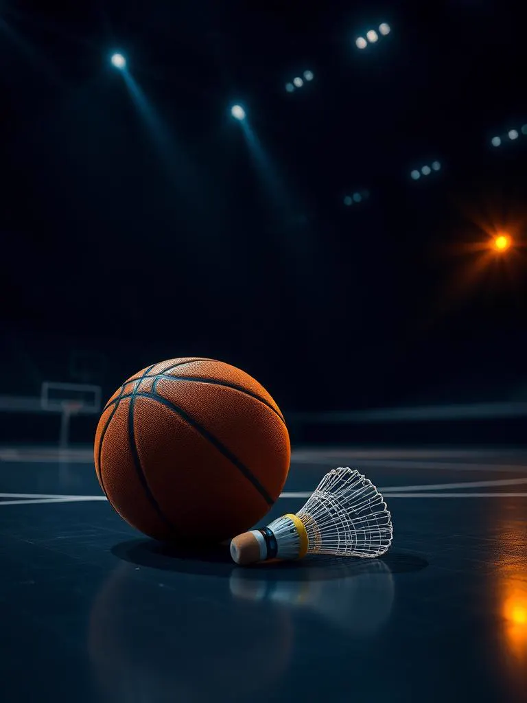 Basketball and shuttlecock on an indoor arena floor