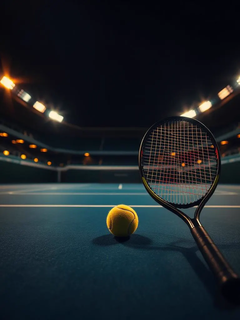 Tennis racket and ball on a floodlit court