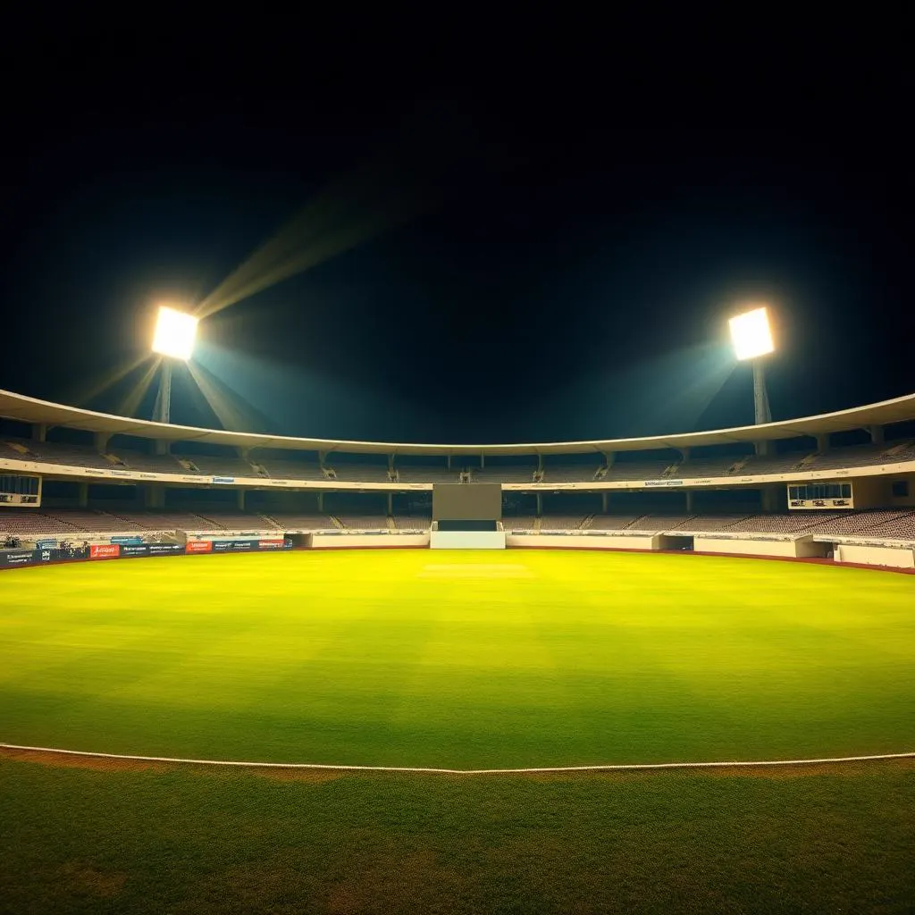Empty cricket stadium lit by floodlights at night